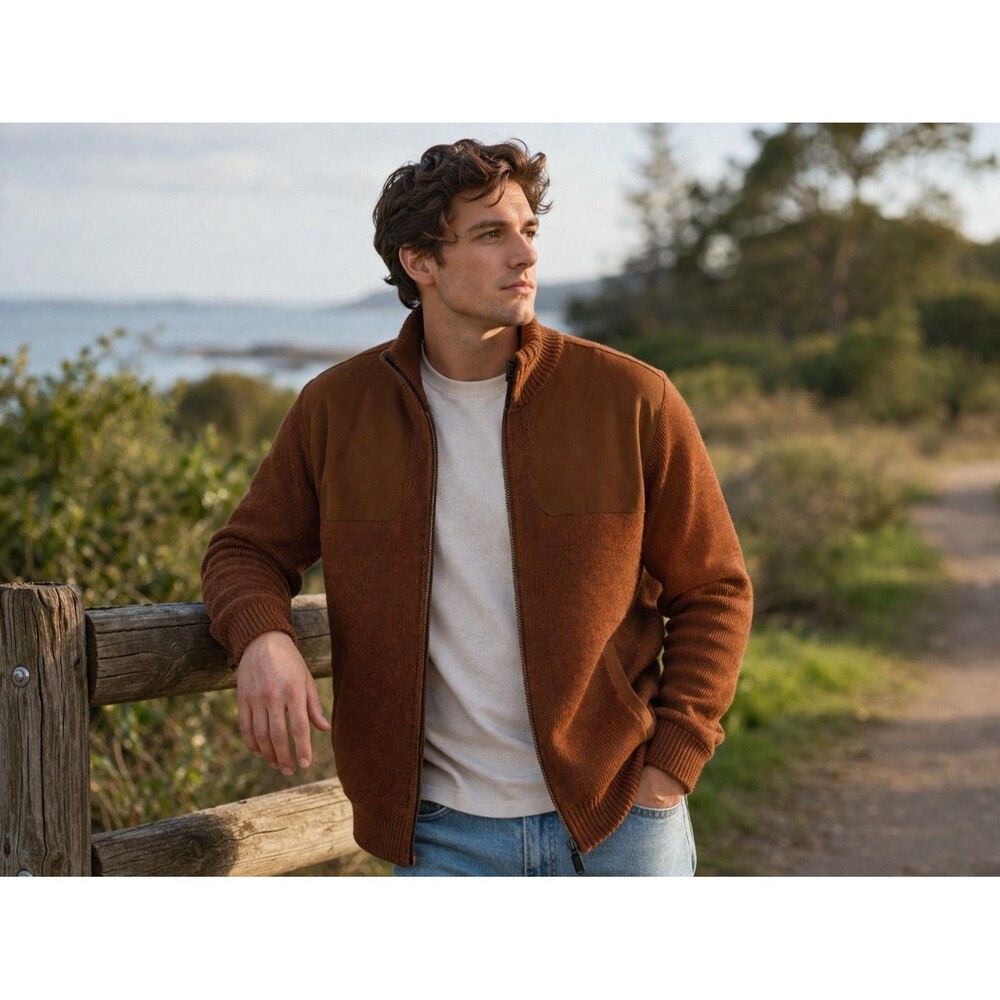 Orvis 100% Wool Full Zip Jacket Lined Suede Shoulder Patches Rust XL Outdoor